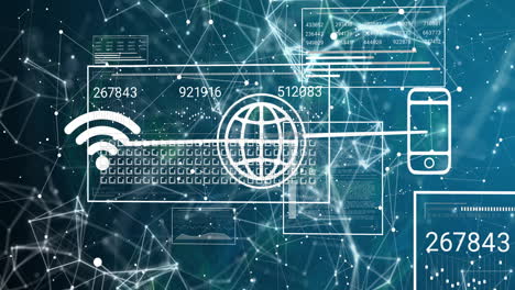 animation of network of connections with icons over data processing on black background