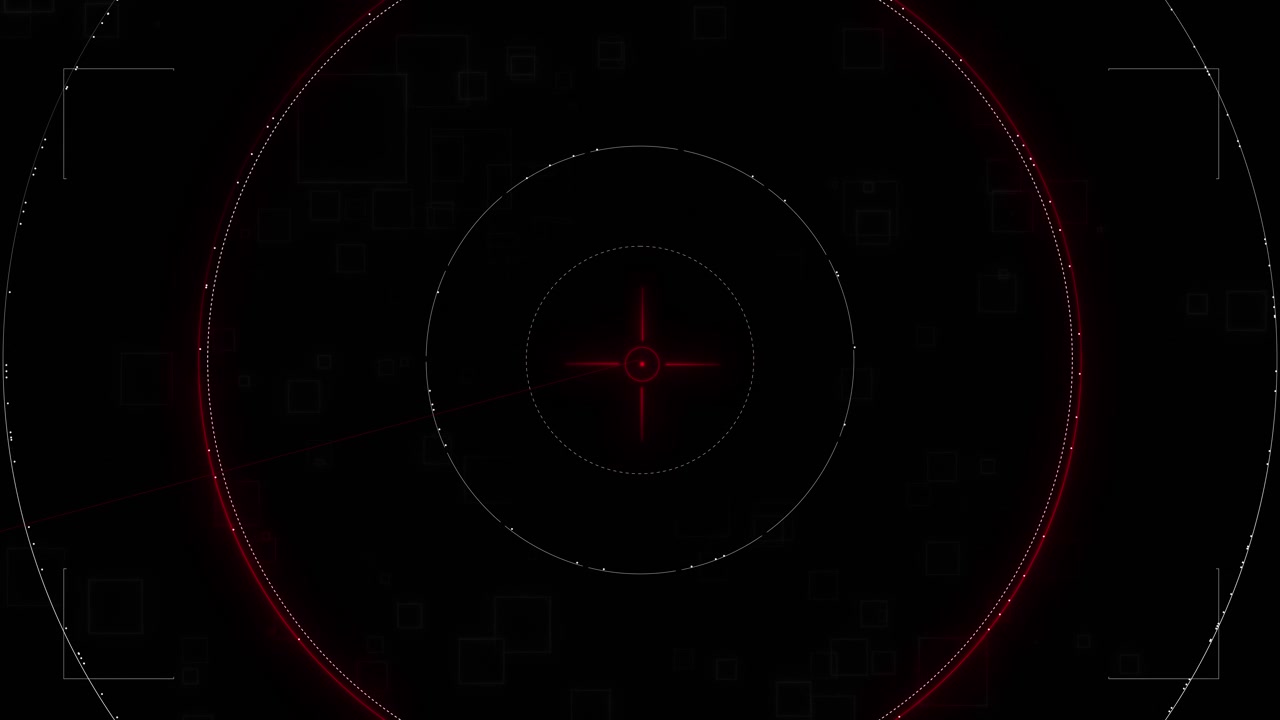 Dark tactical scanner interface visual with red center reticle circular tracking rings and faint