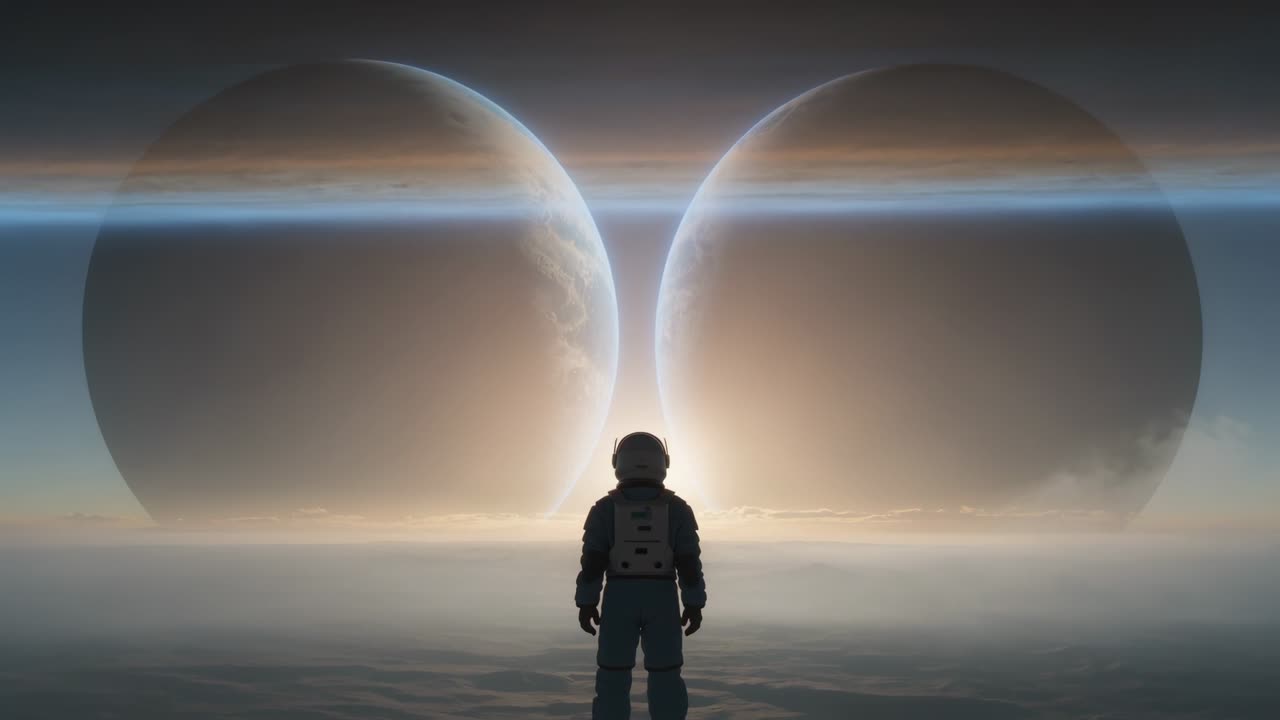 Bagliore ambientale mutevole, astronauta in tuta spaziale che sta in piedi e osserva pianeti gemelli su una pianura nebbiosa.