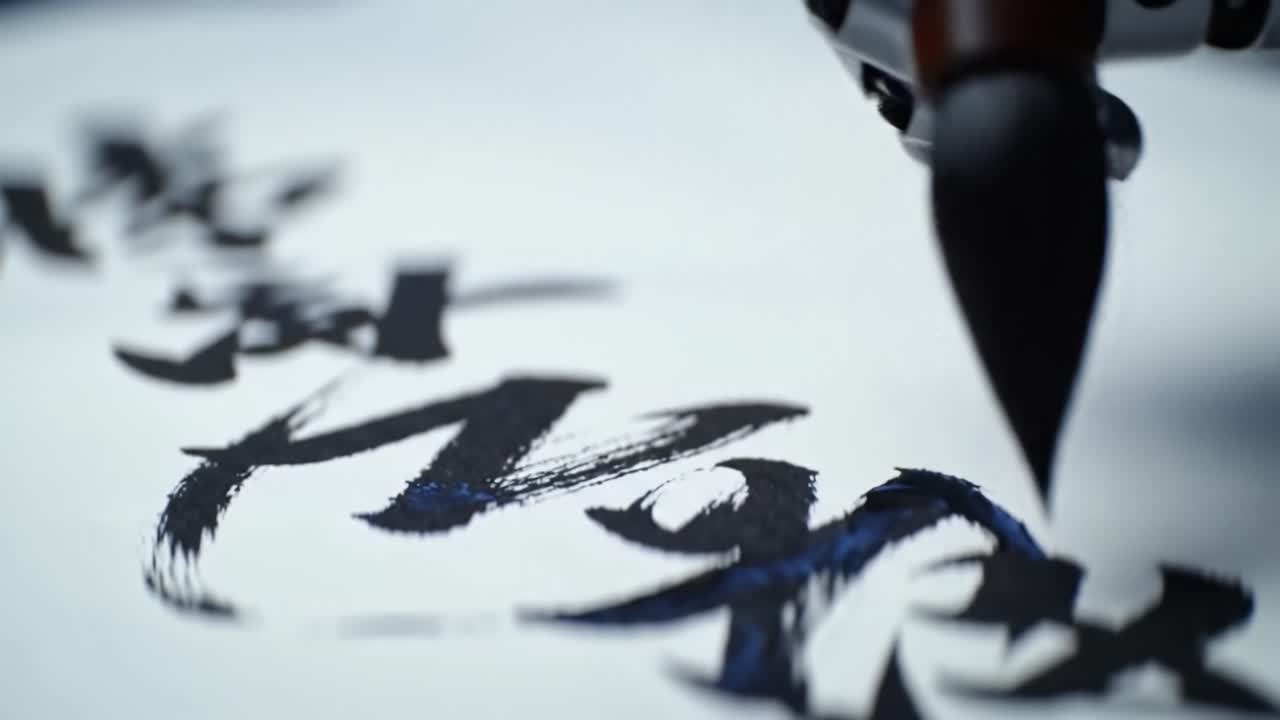 A robotic hand skillfully uses a brush to write elegant characters on paper during an art demonstration. The setting showcases blending technology with traditional art forms, emphasizing creativity.