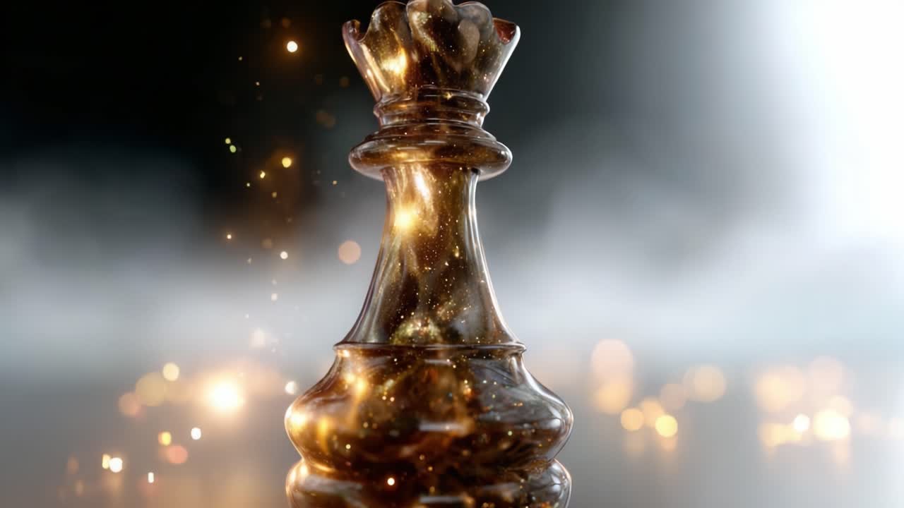 Un re degli scacchi, maestoso e scintillante, si erge fiero al centro, circondato da un bagliore mistico, che rappresenta strategia, potere e vittoria nel gioco degli scacchi.