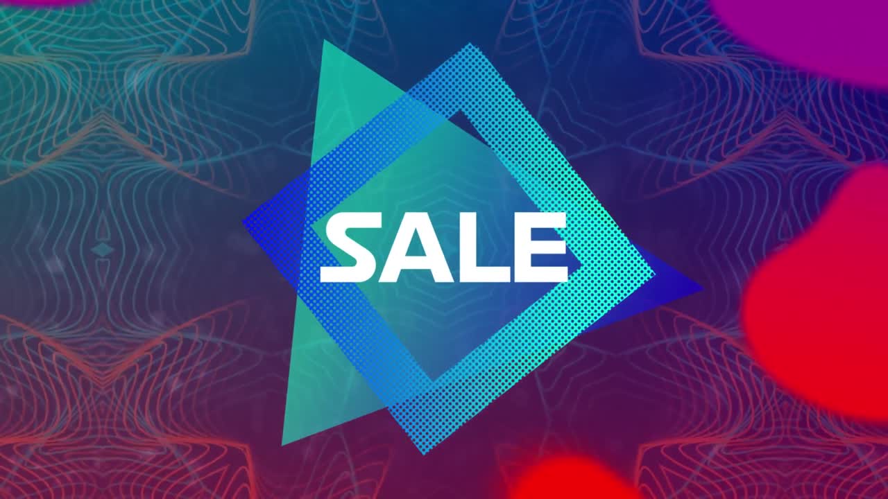 animación del texto de venta sobre el patrón de neón en fondo negro