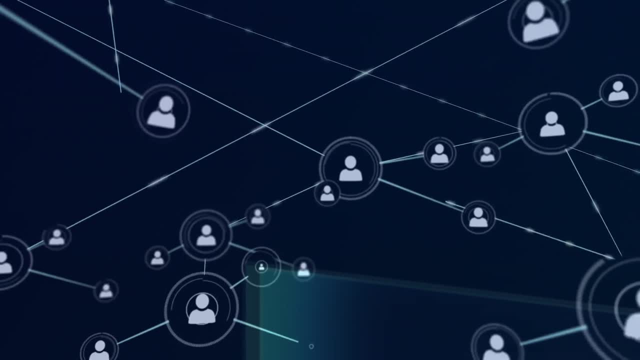 Animation of network of connections with icons on dark background
