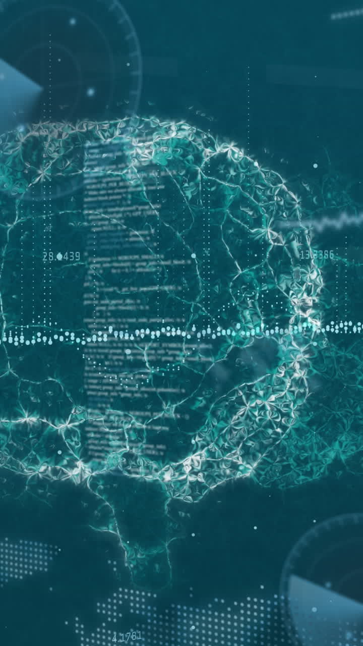 Animation of data processing and human brain spinning over digital screen