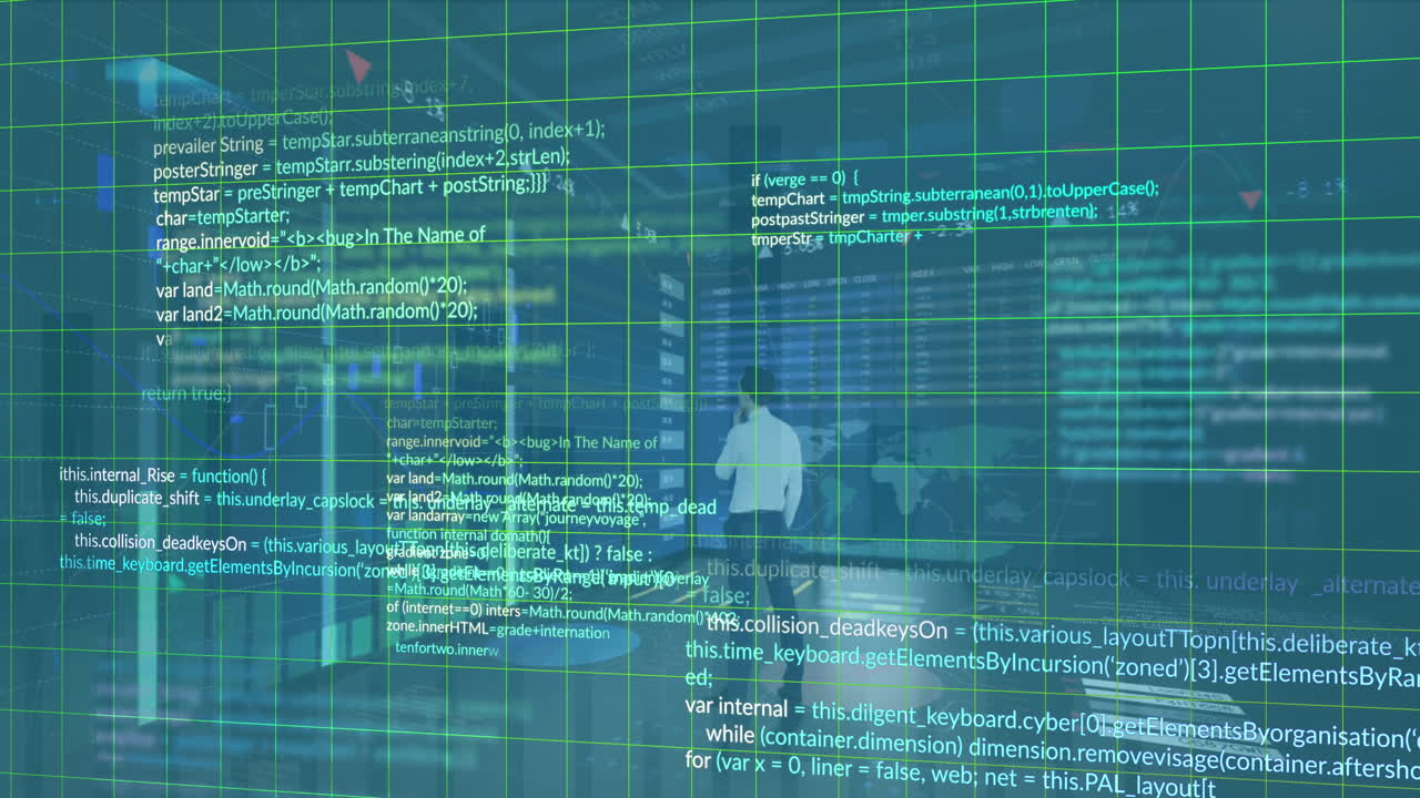 통계 데이터 처리를 가진 화면을 보는 사업가의 뒷면의 애니메이션