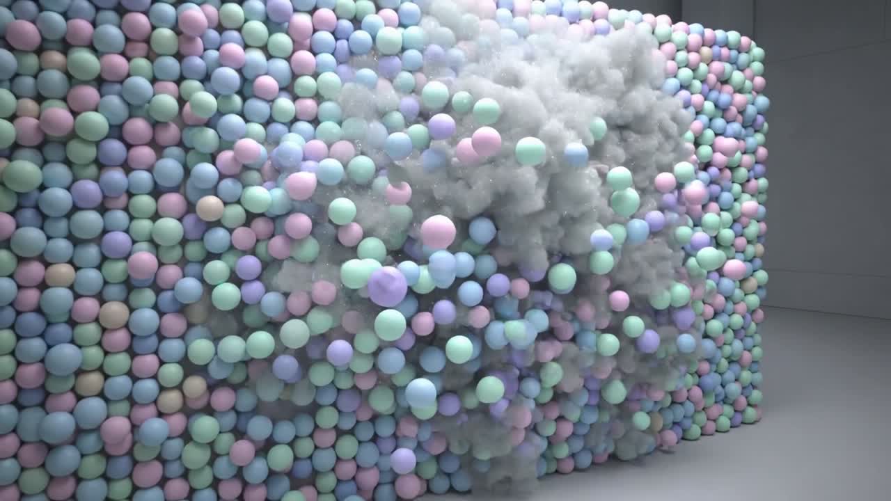 Approaching soap bubble hitting pastel-sphere wall in studio, creating vapor, scattering spheres