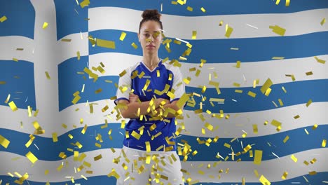 animation of biracial female soccer player over flag of greece