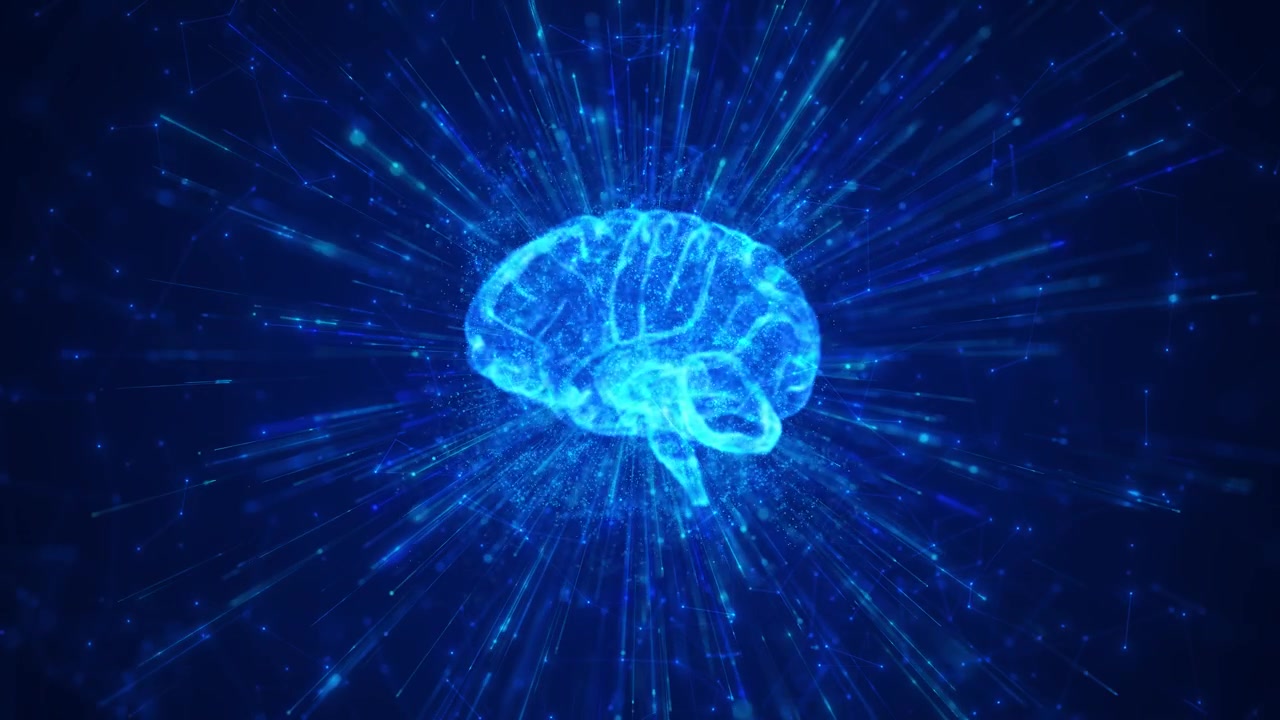 Neural intelligence brain motion visual luminous cyan anatomy exploding data rays deep blue network