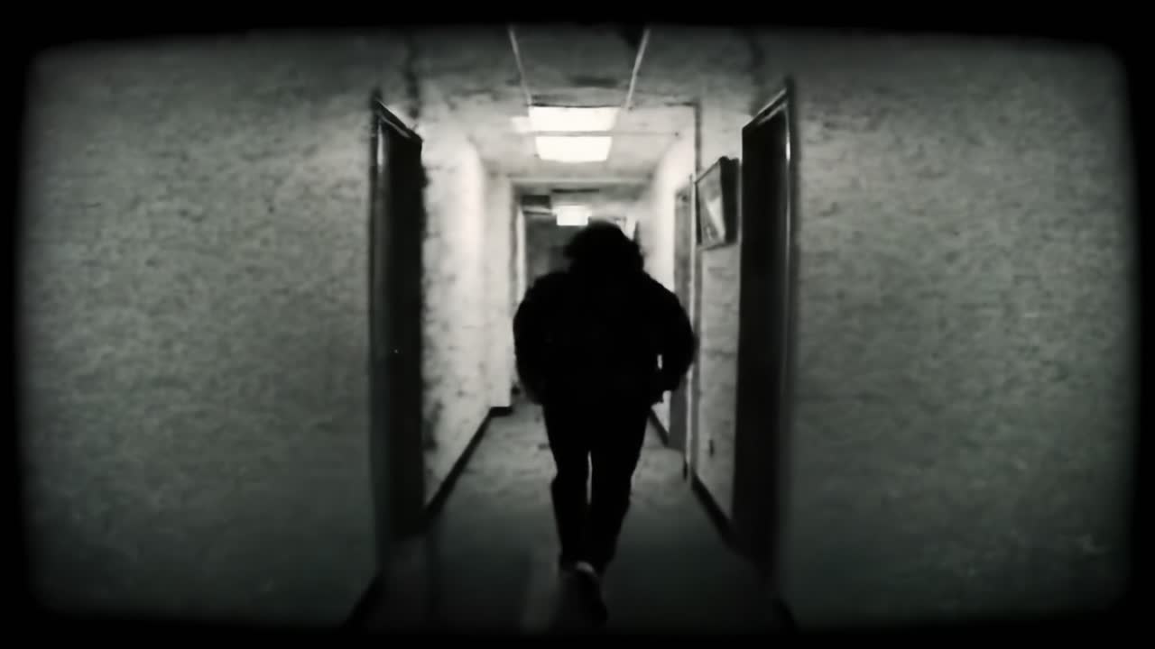 A lone figure moves cautiously through a dark, abandoned hallway. The eerie atmosphere is heightened by flickering lights and distant sounds, creating an unsettling experience.
