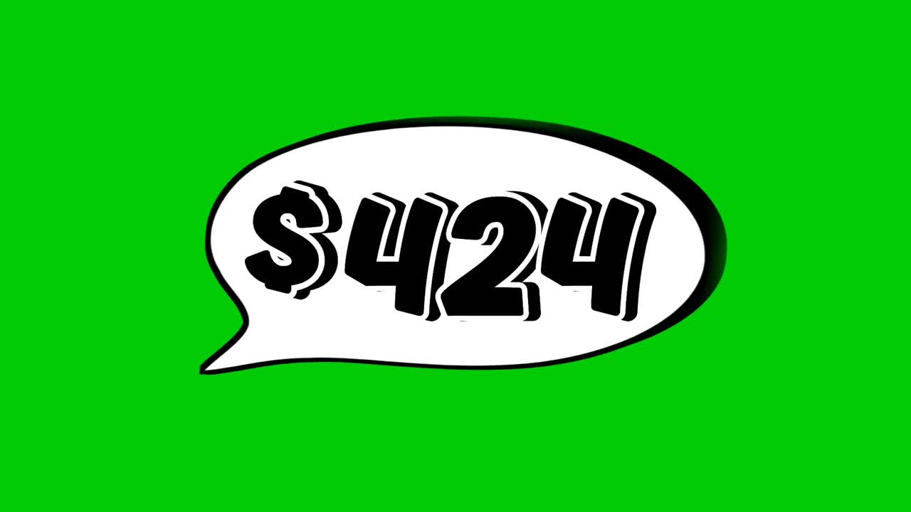 Animation $424 dollar price in a speech bubble green screen. Perfect for sales, ads, or promo videos. Easy to use and customize in your projects video element