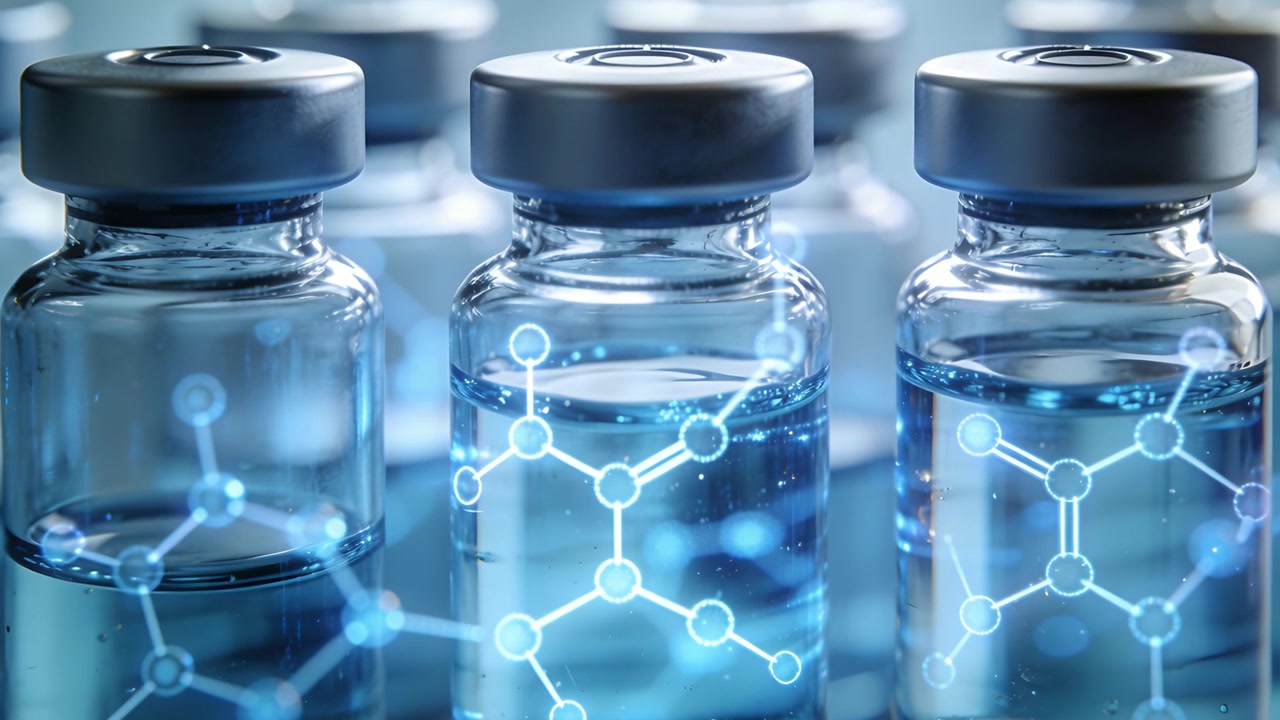 Overlay brightening and linking, three glass vials shifting closer in lab highlighting central vial