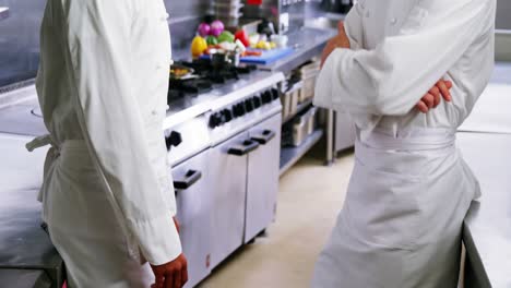 two male chefs interacting with each other in commercial kitchen