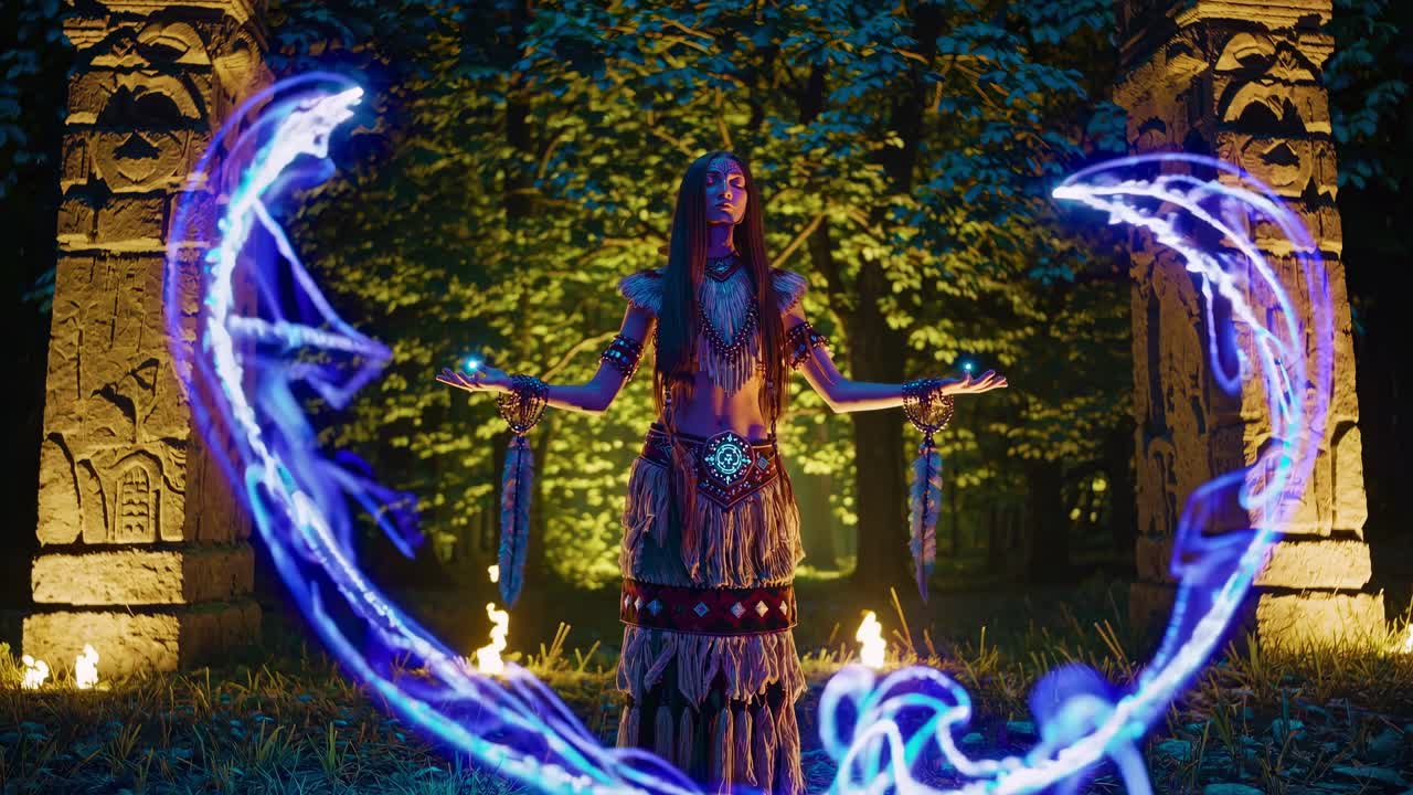 practicante chamánico con ropa indígena realizando un ritual espiritual, irradiando energía azul etérea a través de las manos levantadas dentro de un bosque sombrío durante una ceremonia mística nocturna