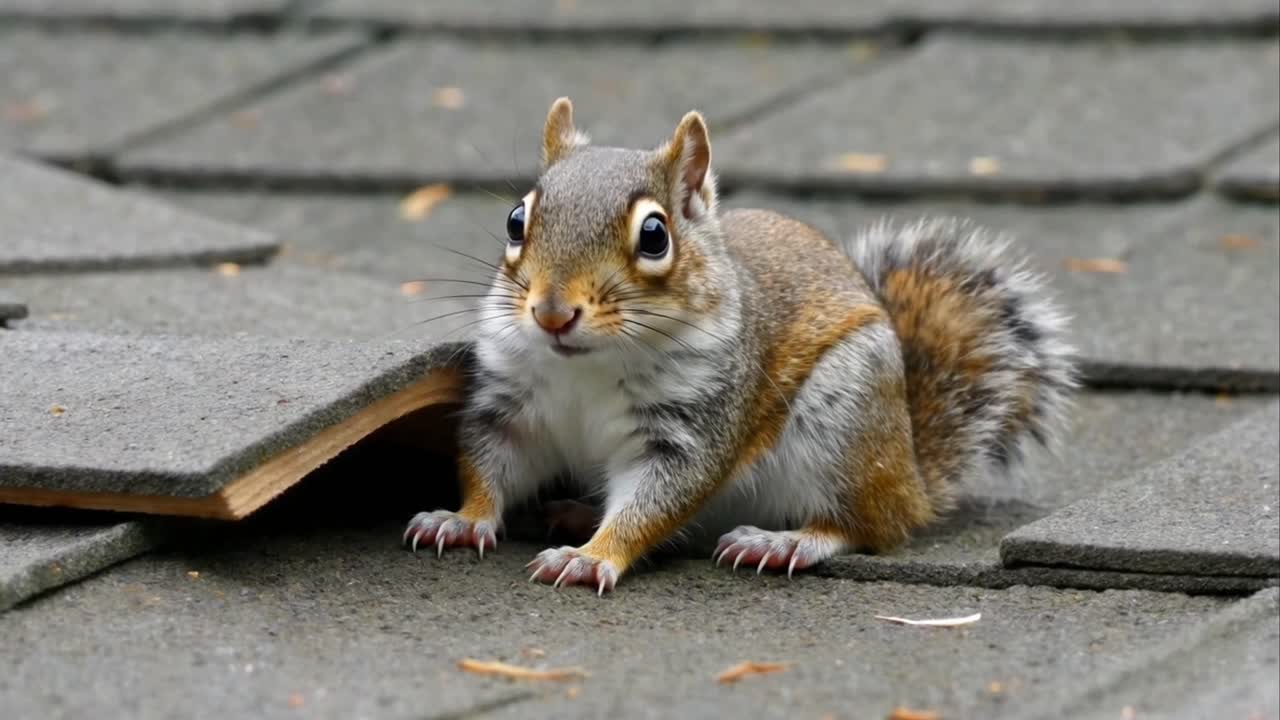 Curioso scoiattolo grigio che sbircia da sotto una tegola del tetto