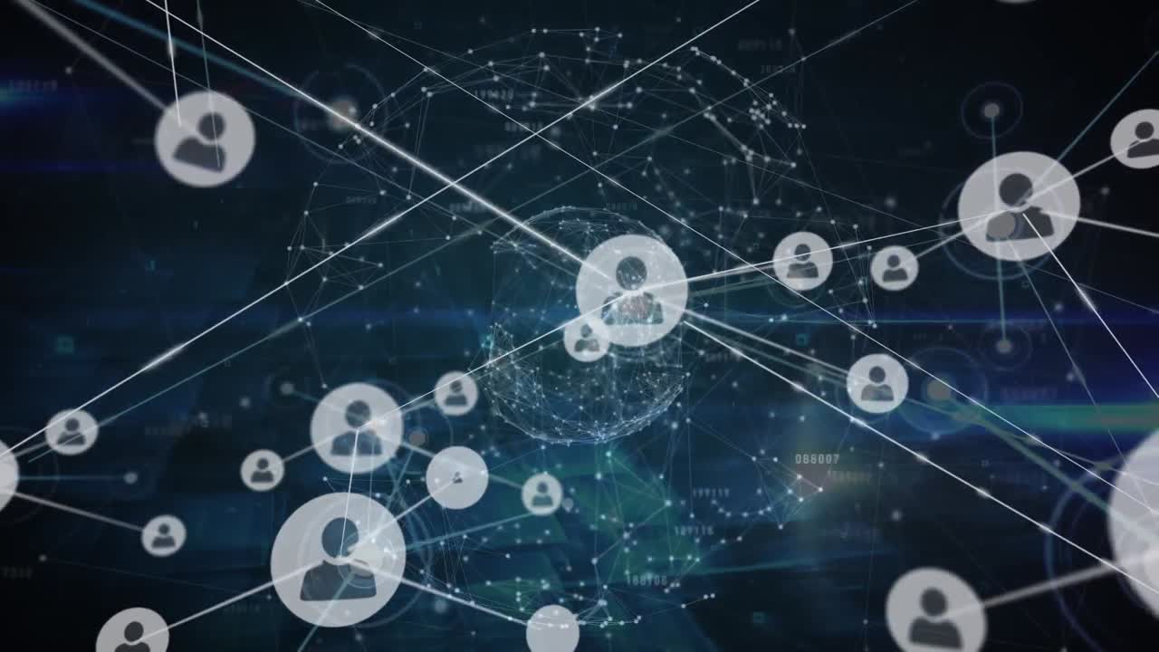 검은색 배경에 데이터를 전송하는 사람들의 네트워크 아이콘의 애니메이션