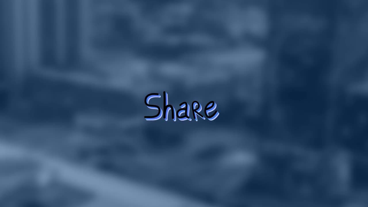 Animation of share text with arrows over out of focus cityscape