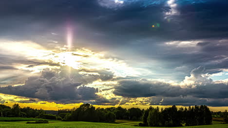 sunset timelapse to orange hazy sundown, sun light refractions through the beautiful clouds, sunray starburst colored night sky, turning pink, lilac and deep blue, cloudscape time-lapse