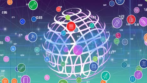 animación de una red de iconos digitales sobre un globo giratorio contra un fondo de gradiente azul y verde