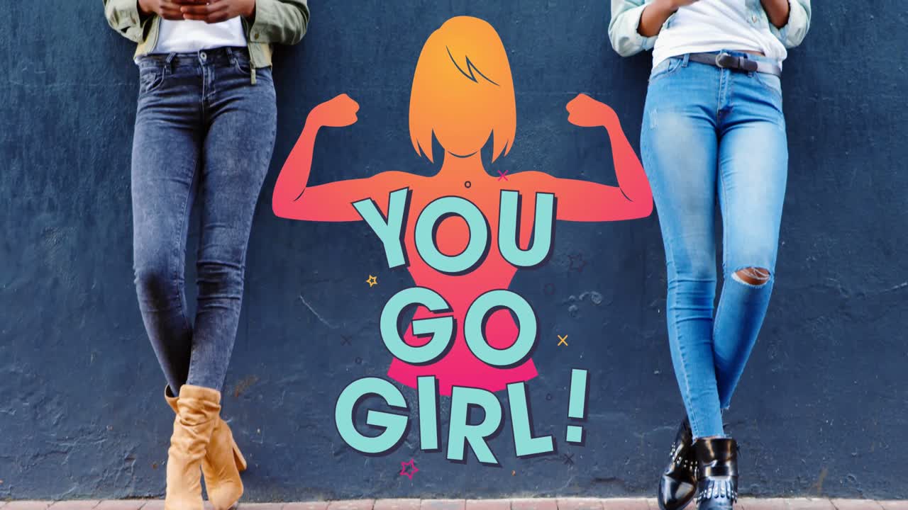 애니메이션 o you go girl 문자 및 강한 여성 두 여성 스마트 폰을 사용하는