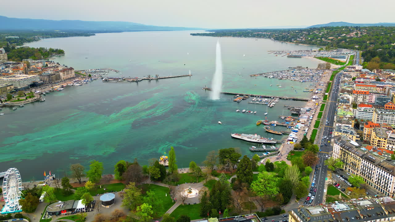 Aerial, drone view of the Geneva Water Fountain in Switzerland
