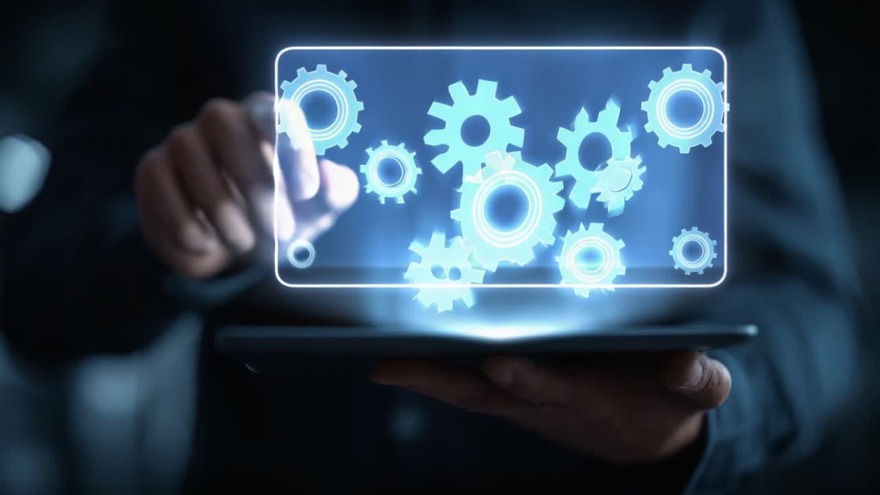 A Digital Interface Illuminates Interconnected Gears, Showcasing Advanced Technology and Innovation Through Touchscreen Interaction in a Futuristic Setting