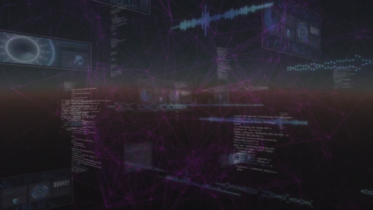 Animation of network of connections and data processing on black background