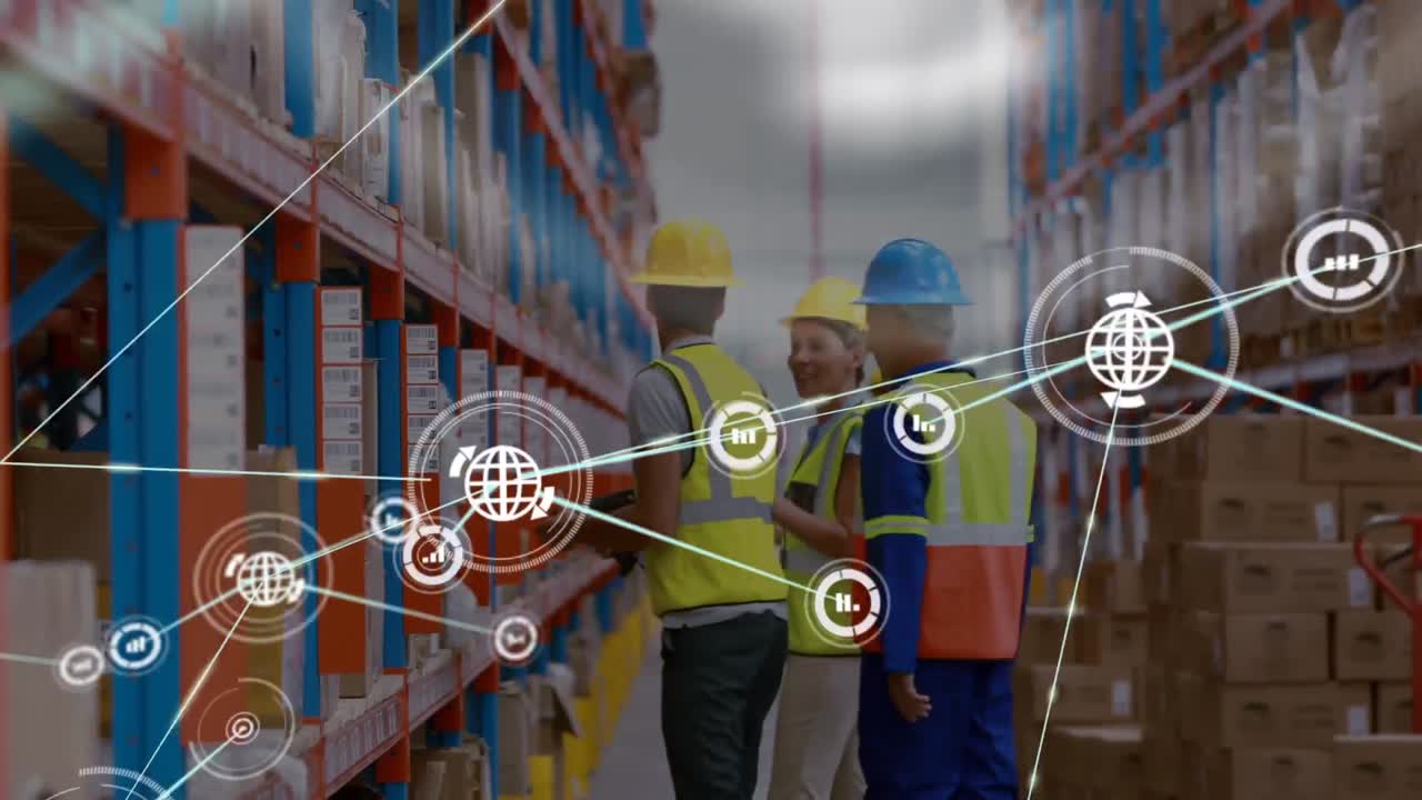 Animation of network of connections over men working in warehouse