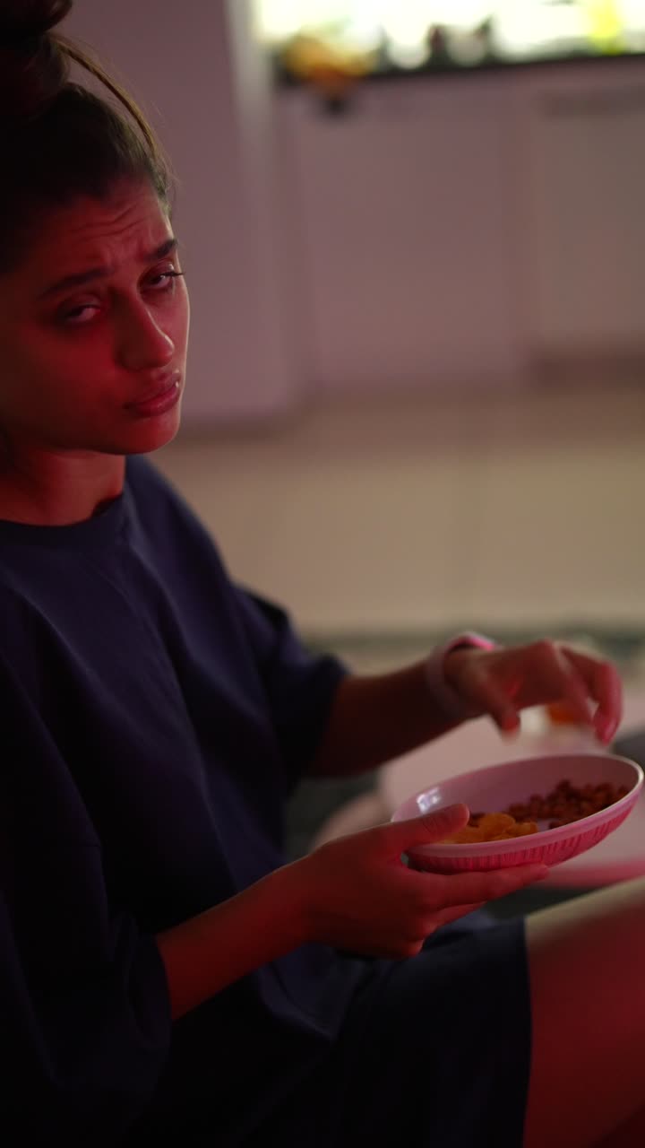 mujer comiendo papas fritas en casa