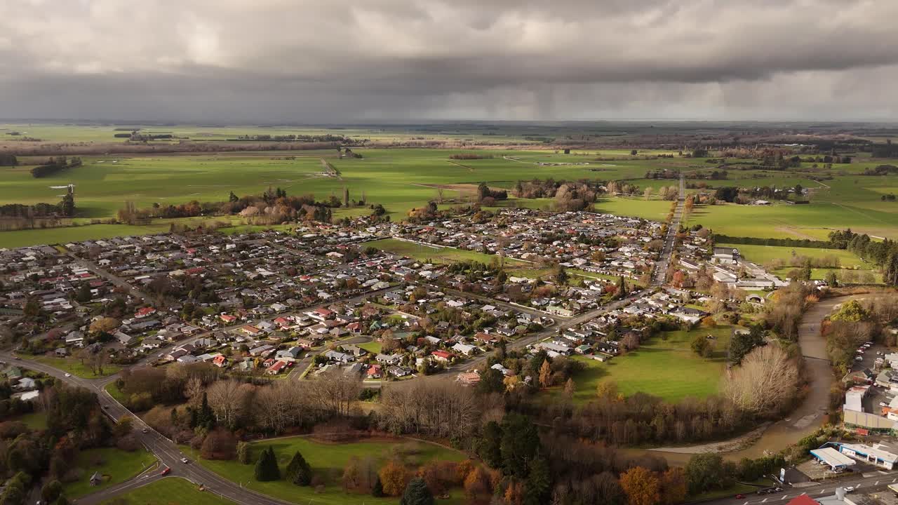 Geraldine town and Te Moana River, New Zealand. Aerial drone view