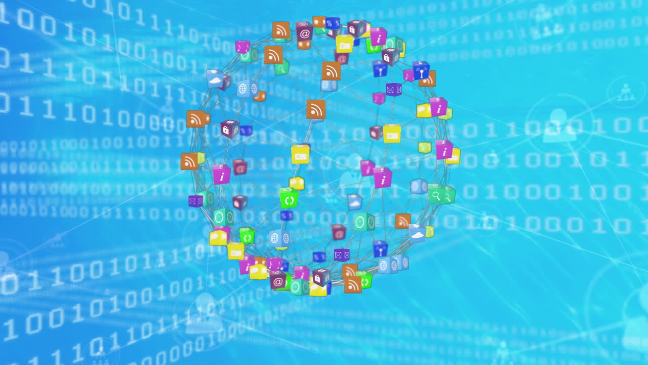 Animation of globe made of connections over binary code on blue background