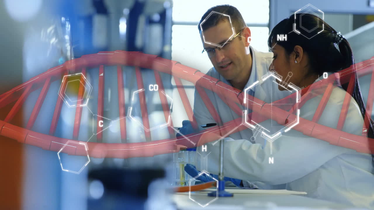 Animation of dna strand, scientific data processing over diverse scientists in laboratory