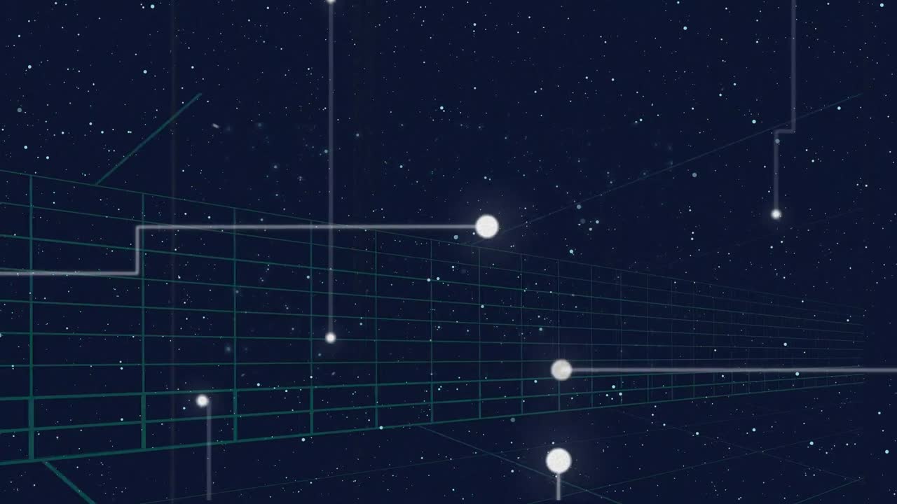 Animation of connecting dots, white particles and tunnel in seamless pattern against blue background