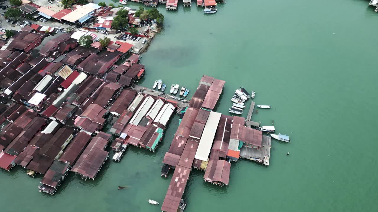 Aerial top down of jetties neighbourhood clan in George Town Penang island Malaysia Unesco heritage
