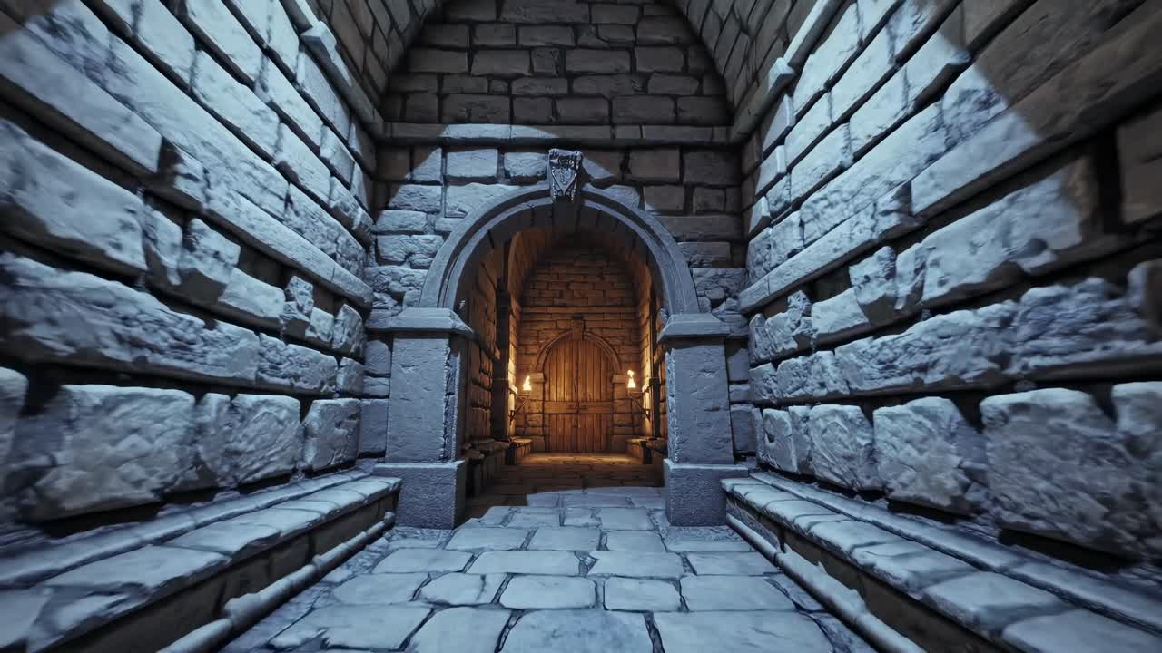 A low-angle video game scene of a medieval stone corridor with arches, creating a mysterious
