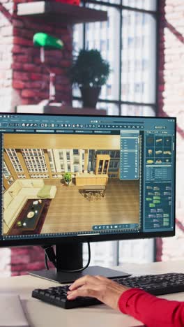 vertical video woman arranging virtual assets in a architectural software on dual monitors