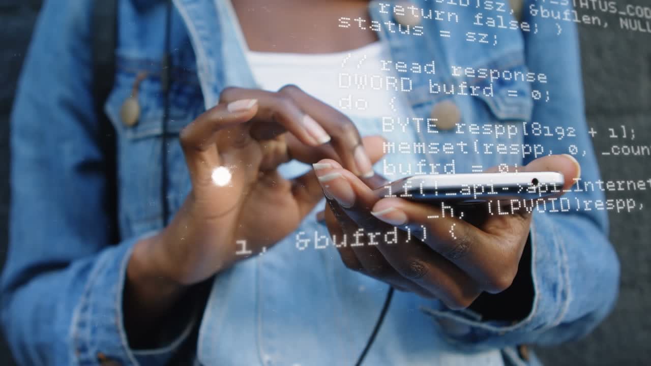 Animation of globe and data processing over woman using smartphone
