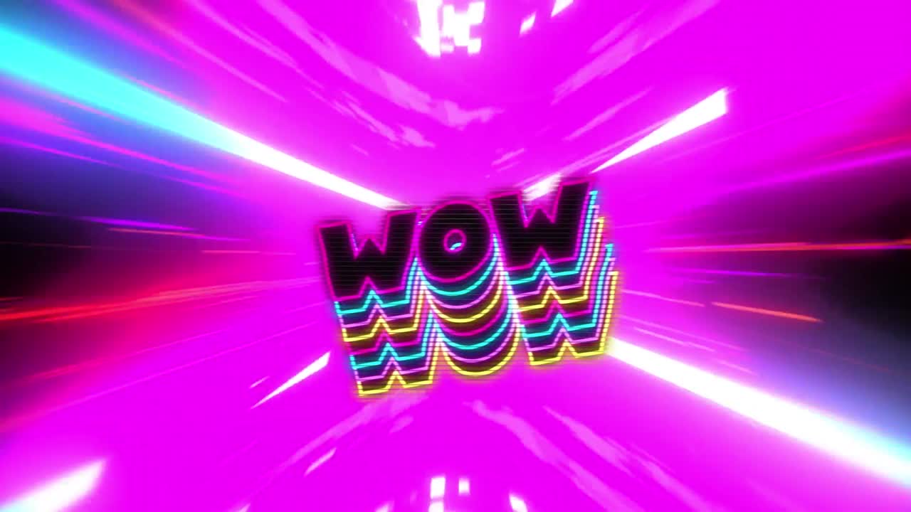 다채로운 배경에 와우 텍스트의 애니메이션