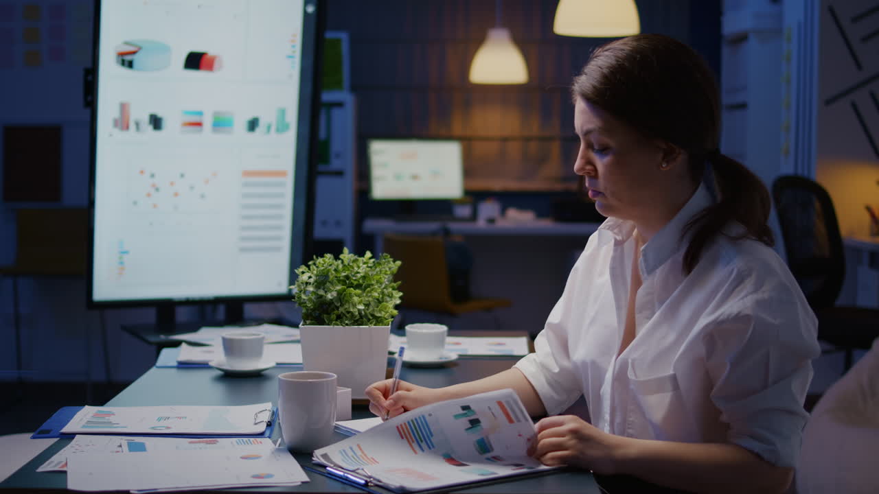 Workaholic businesswoman working in company office meeting room writing financial statistics