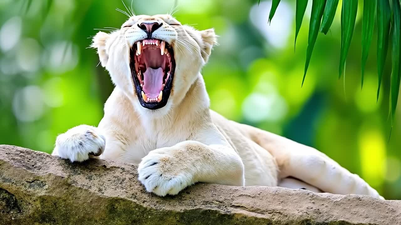 A white lion laying on top of a rock next to a palm tree