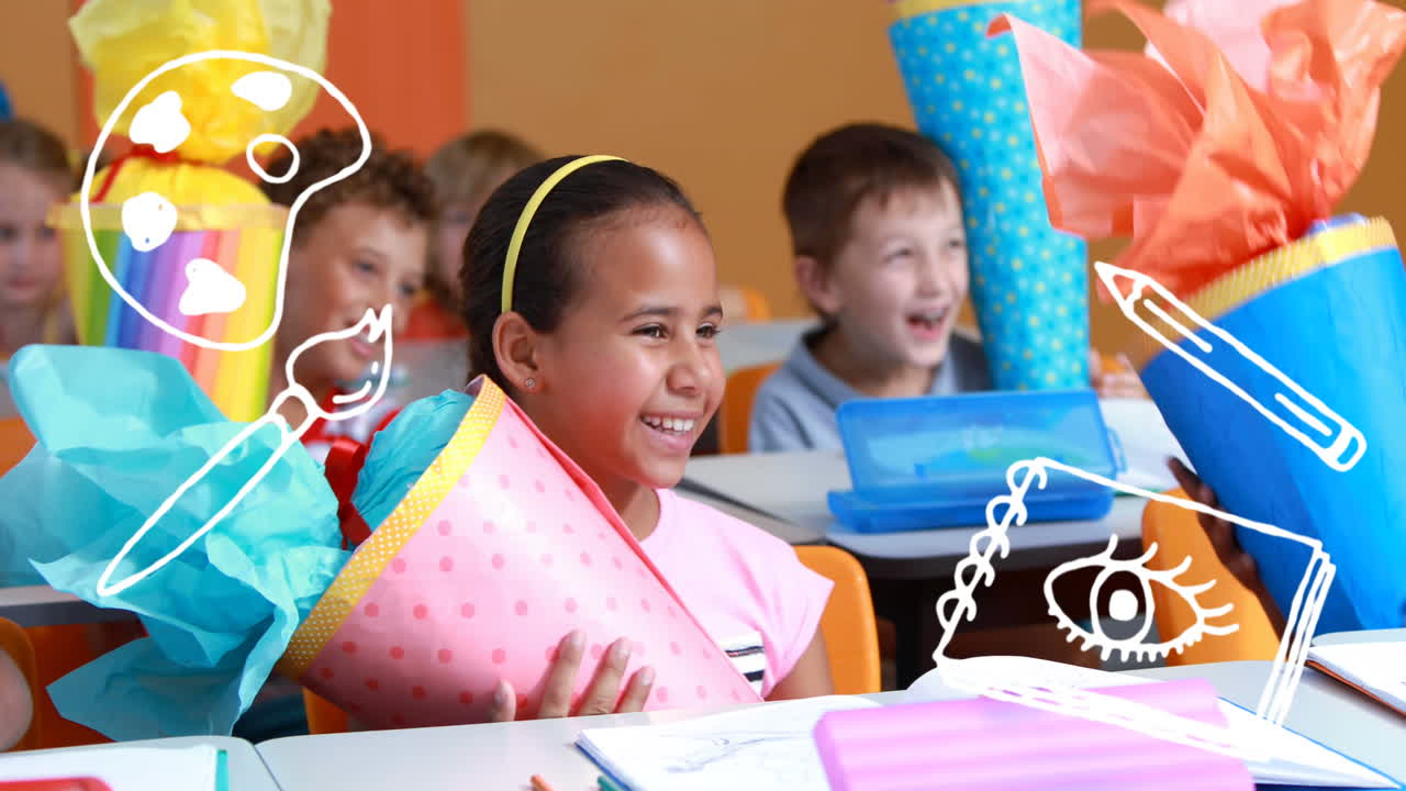 Animation of school icons over school children at school