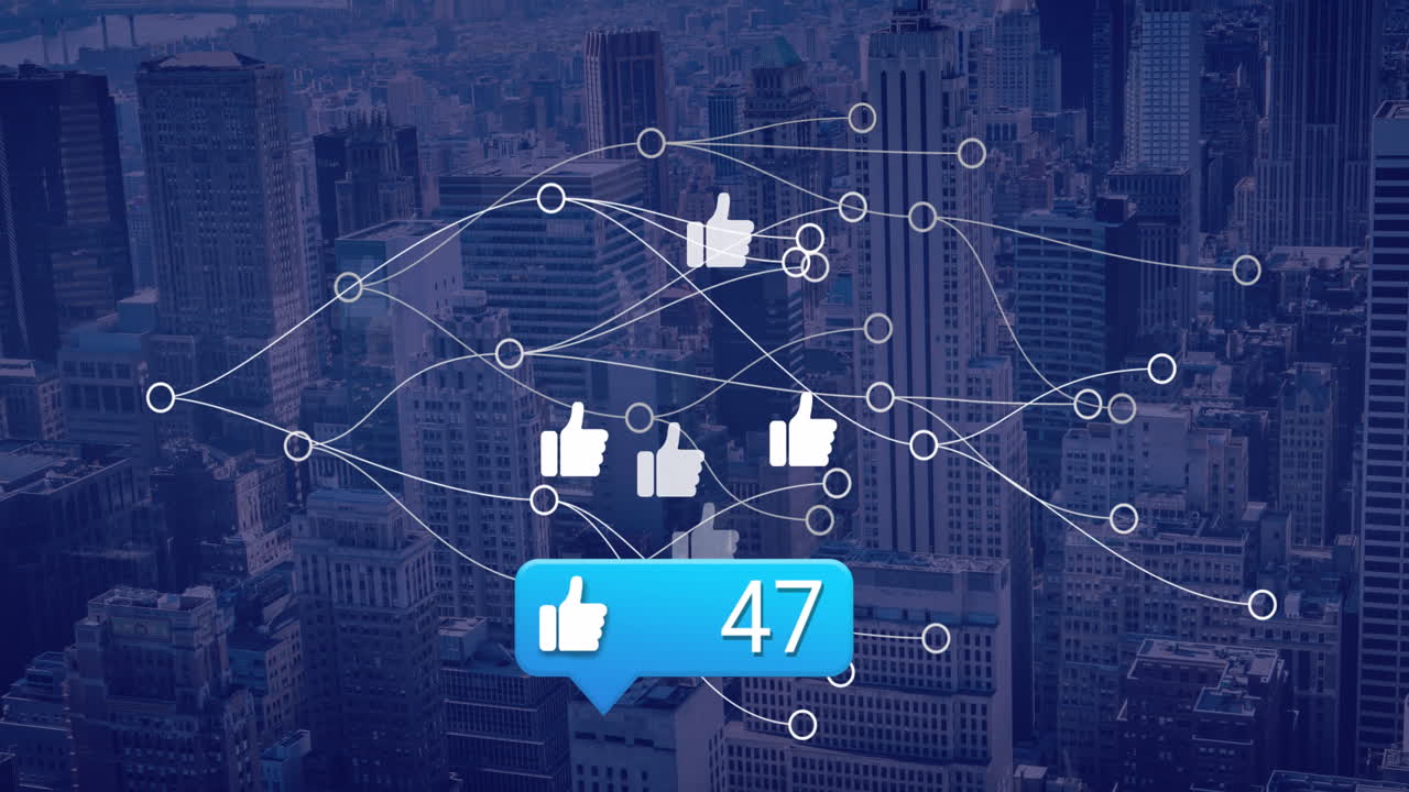 Animazione di una rete di connessioni con icone su un paesaggio