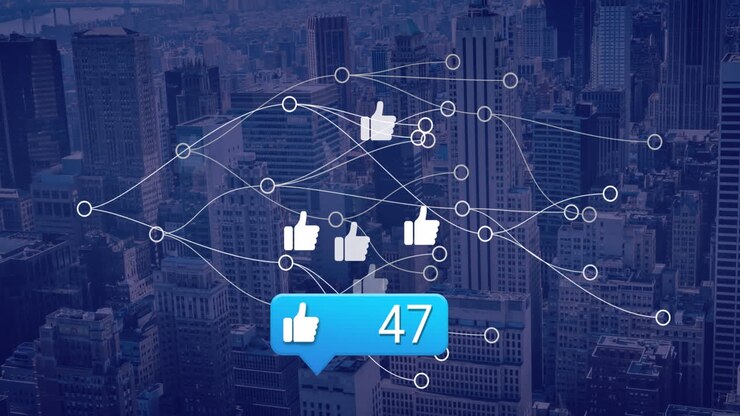 Animazione di una rete di connessioni con icone su un paesaggio