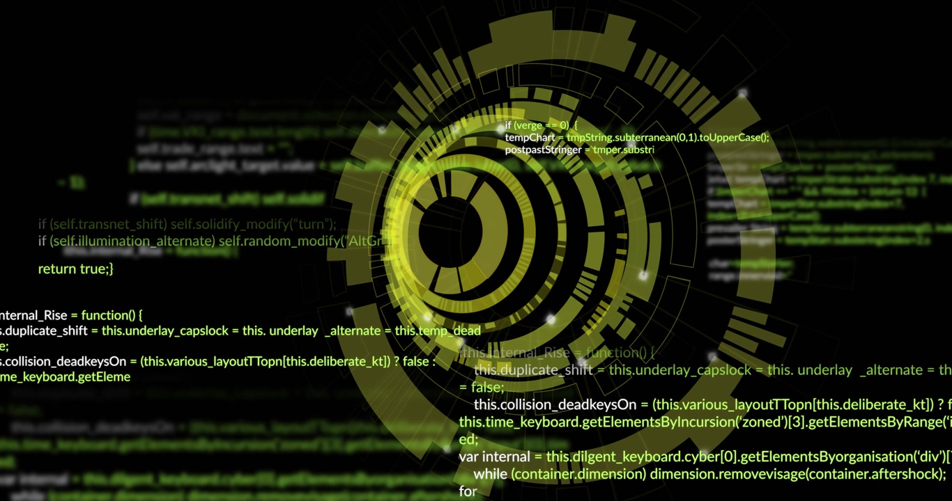 Translucent yellow gears floating and rotating across green JavaScript code, animated flat design