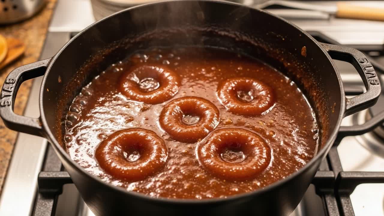 A Rich and Flavorful Sauce Simmering in a Black Pot with Distinctive Round Dumplings Cooking to Perfection, Ready to Enhance Any Meal Experience