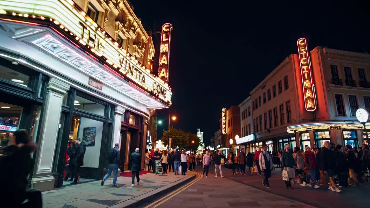 Nighttime street scene with vibrant neon lights and bustling crowds, captured from a low-angle