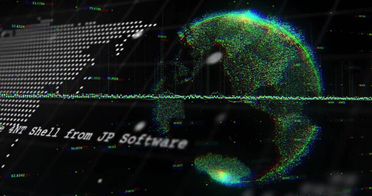 Digital globus med glitch-effekt visualiseres med pixelstøjlinjer og flydende datasøjler