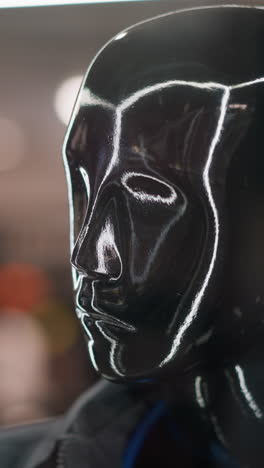 una vista en primer plano de una cabeza de maniquí negra con contornos de neón reflectantes, capturando una estética elegante y moderna, el maniquí está ambientado contra un fondo borroso