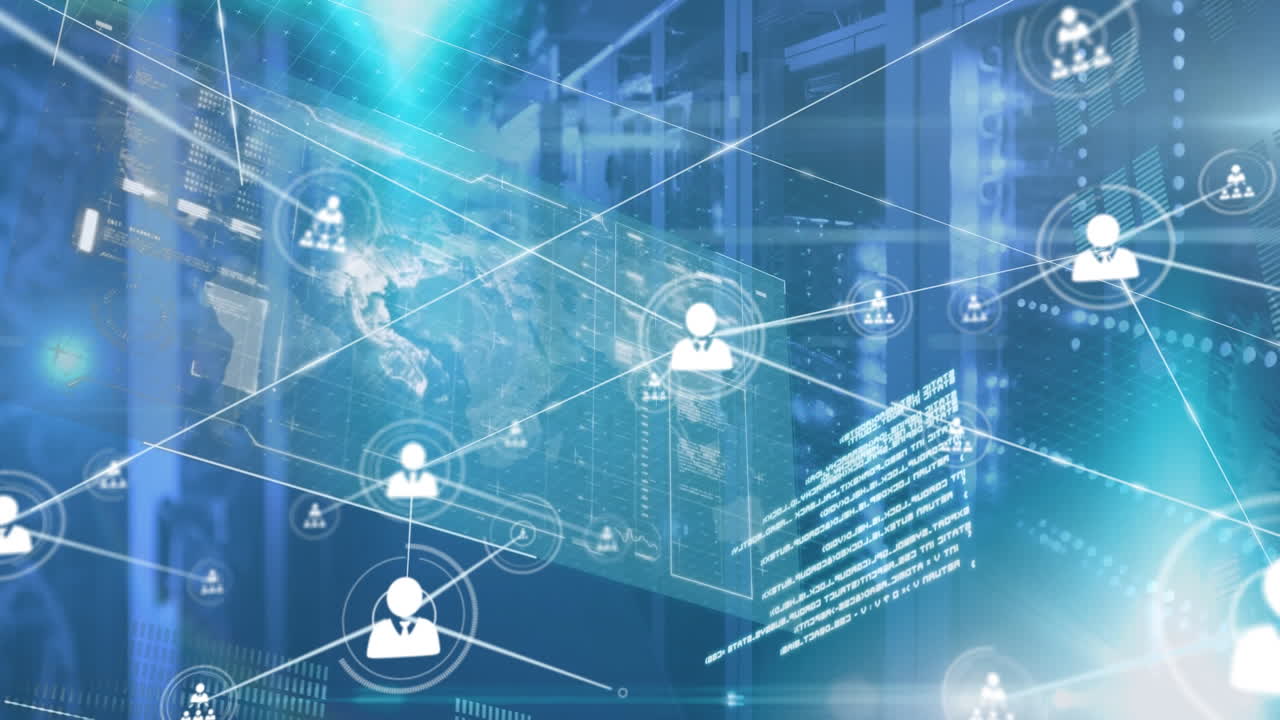 Animation of network of connections with people icons and data processing over computer servers