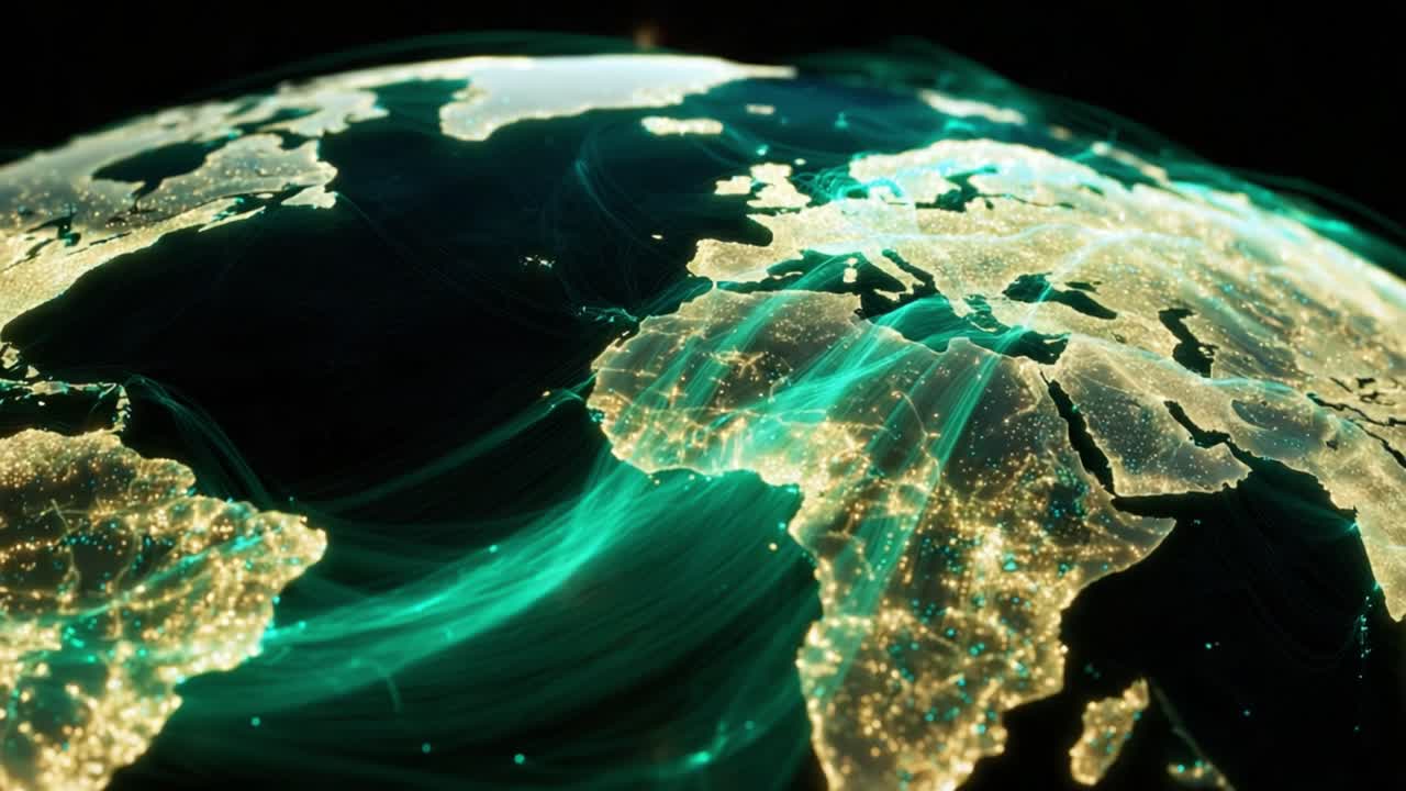Teal light trails visualizing data streams, flight paths, and trade routes connecting glowing cities across a rotating planet Earth, focusing on Europe, Africa, and the Atlantic Ocean