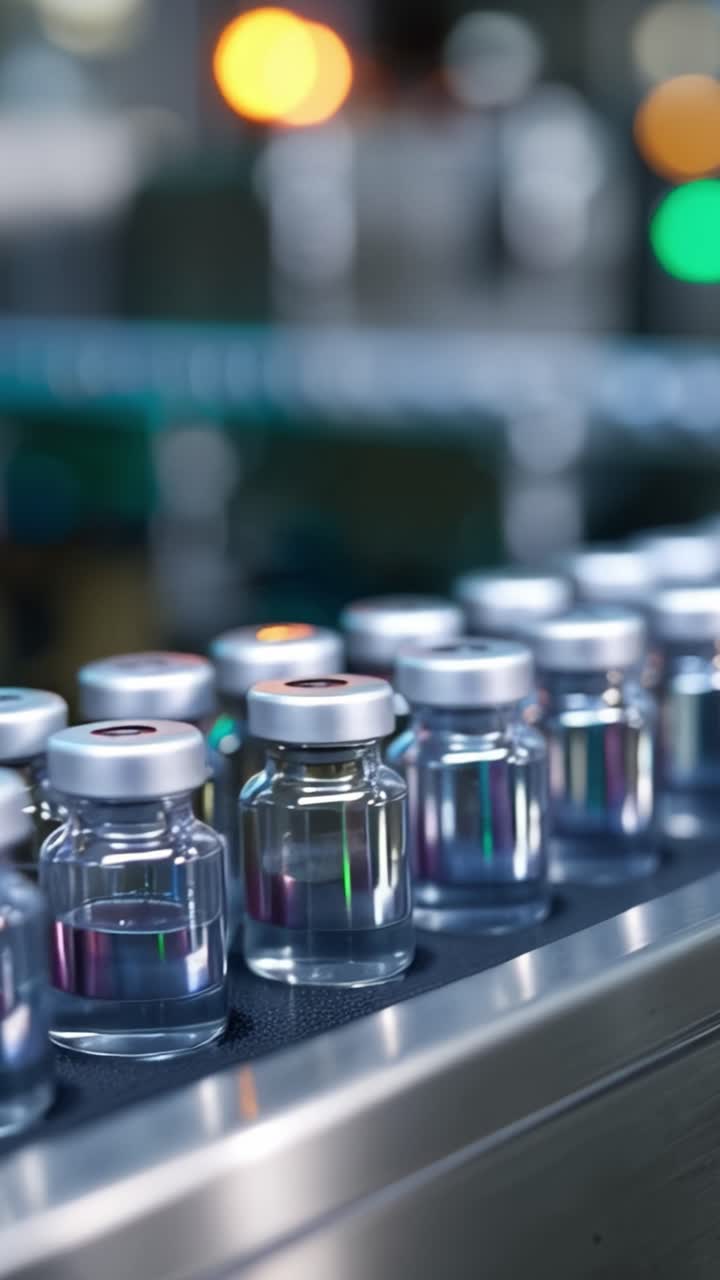 Primo piano di fiale di vaccino trasparenti su una linea di produzione che evidenziano la loro precisa fattura e la superficie riflettente tra un'illuminazione di sfondo vibrante.